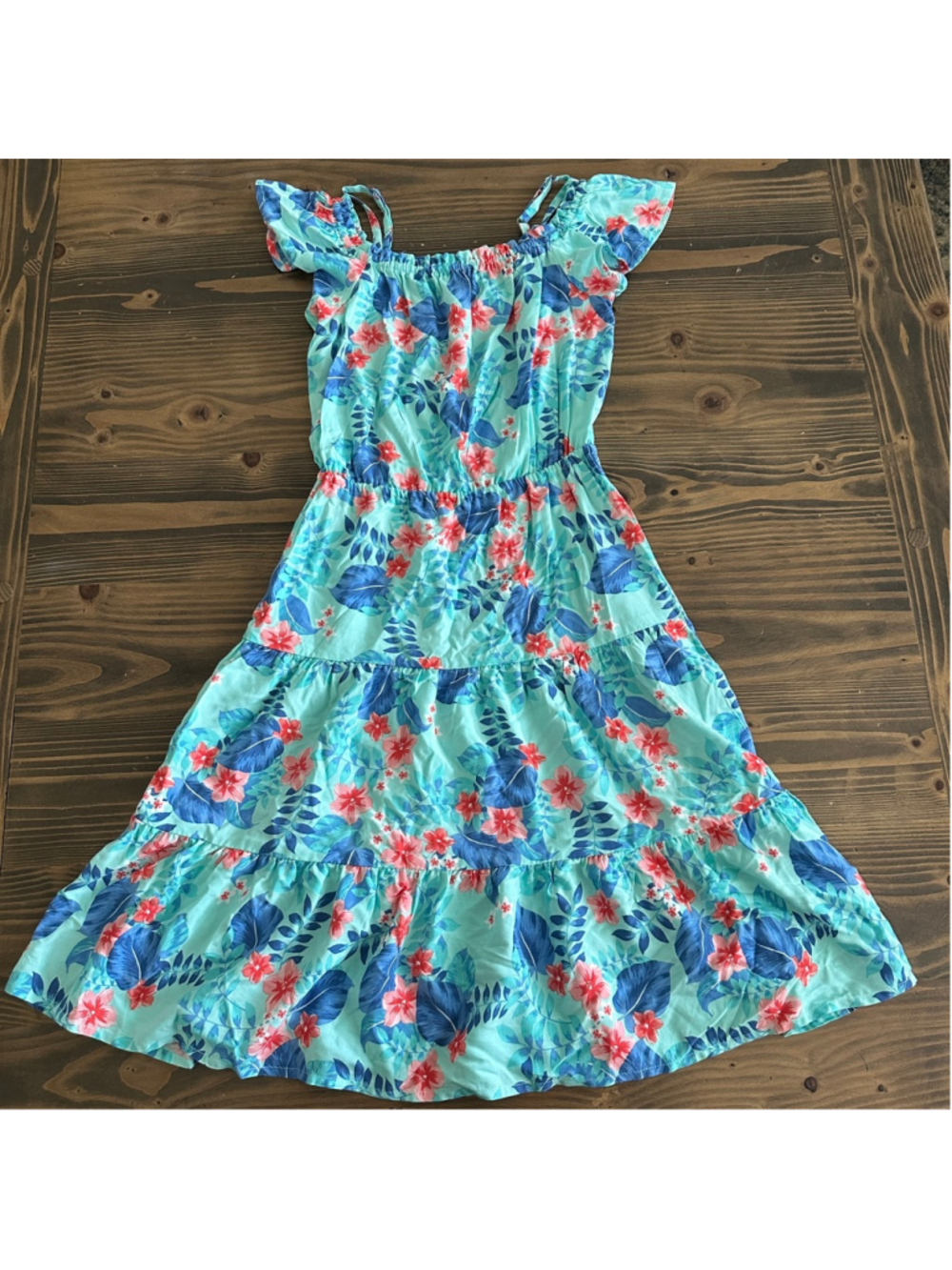The Children's Place Dress Girls 7 8 Blue Floral Off Shoulder Ruffle